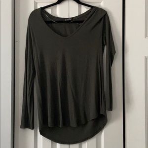 Loose V Neck Army Green Long Sleeve Tee